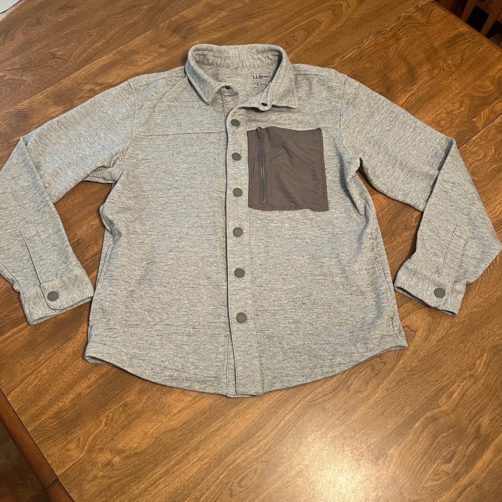 LL Bean Mens Knit Shirt Shacket Gray Snap Front Zip Pocket Medium